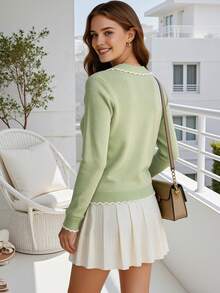 HOMEYEE Women's Soft Contrast Color Wavy Trim Lapel Knit Cardigan, Short Single-Breasted Slimming Petite Versatile Long Sleeve Sweater Jacket - Green - View 4