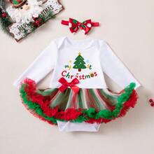 2pcs/Set Baby Girl Christmas Party Outfit Cartoon Christmas Tree Pattern Long Sleeve Romper Dress Fashionable Cute Infant Holiday Photo Outfit With Hair Accessory - White - View 13
