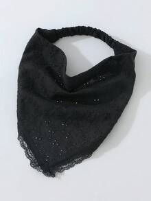 1件原創花卉圖案刺繡捲邊女款髮箍頭巾，適合日常穿著與度假 - 黑色 - 查看 2