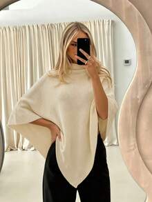 Women's Solid Color Loose Elegant Fashion Sweater Shawl, Autumn/Winter Medium-Thick Knit Shawl, Versatile Fashion Accessory - Apricot - View 4