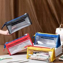 Transparent Mesh Large Capacity Pencil Case, Simple Transparent Pencil Bag, Student Mesh Bag, Simple Double Layer Compartment Pencil Case - Multicolor - View 2