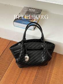 1pc Black Woven Texture Hanging Decor Zipper Large Capacity Handbag Crossbody Bag Minimalist Commuter Style Women's Bag Suitable For Daily Outings Autumn/Winter - Black - View 5