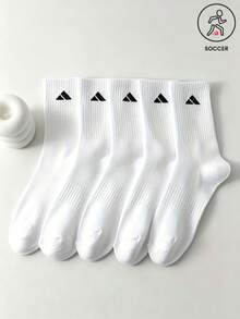 5 Pairs Black & White Solid Color Triangle Logo Mid-Calf Socks, Vertical Stripe Daily Commute Sports Socks - Multicolor - View 5