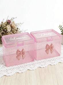 Personalized Cute Bowknot Transparent Plastic Storage Boxes, Glitter Desktop Organizer, Dust-Proof Cosmetic Jewelry Stationery Small Items Storage Box, Pink/Blue - Multicolor - View 5