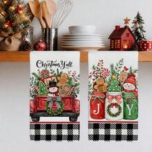 2pcs Christmas Theme Plaid Truck Gingerbread Snowman Kitchen Towels, Rectangular Microfiber Printed, Dish Cloth, Scouring Pad, Hand Towel, Cooking Baking Tea Towel, Christmas Kitchen Decor, Housewarming Gift, Birthday Gift, Bathroom Cleaning Cloth, Decorative Towel - White - View 7