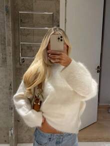 Sweater Rajut Lembut Lengan Panjang Longgar Model Lentera dengan Bahu Terbuka, Cocok untuk Pemakaian Sehari-hari, Cocok untuk Musim Gugur/Dingin Wanita Ukuran Besar, - Putih - View 6
