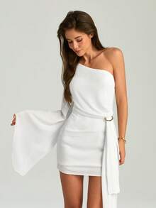 Fashion Casual White One-Shoulder Asymmetric Mini Dress Party Wedding - White - View 3