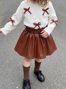 2pcs Girls Elegant Preppy Style Long Sleeve Top & Skirt Set, Autumn/Winter - White - View 2