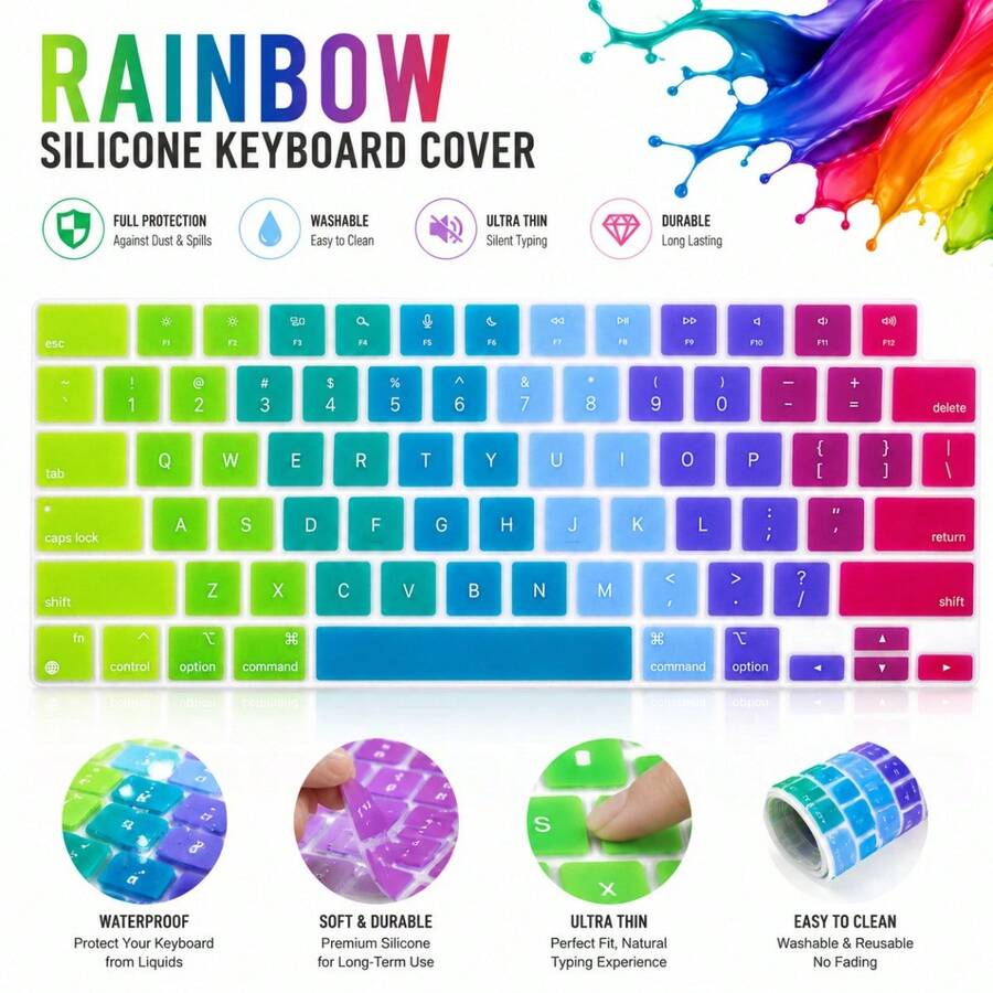 1pc Colorful Gradient Silicone Keyboard Cover US Layout For MacBook Neo 13/Pro14/16 Air13.6/15 M1‑M5 A2442 A2485 A2681 A3404,Ultra‑Thin Protector Skin,Dust‑Resistant Keyboard Protective Accessory