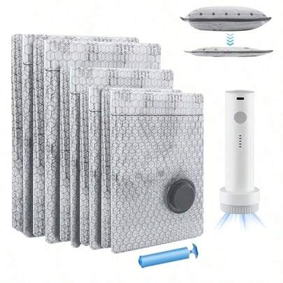 Grup Erik 7pcs Gray Vacuum Storage Bag Set (2s+2m+2l+1 Manual Pump), Suitable For Home, Travel, Moving, Camping - Space-Saving Compression System, Multi-Purpose Vacuum Sealed Bags, Can Store Clothes, Bedding, Seasonal Items
