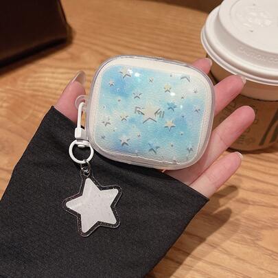 Fresh Blue & White Star Anti-Drop Earphone Case + Star Keychain Pendant Compatible With Redmi Buds8Active/8pro/8lite/6 Pro Wireless Earphone Case/Buds6/7s/8/Buds 6 Active/6 Lite/6paly/SE Wireless Bluetooth Earphone Protective Cover