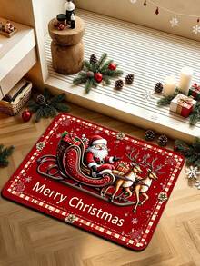 1pc Vintage Christmas Santa Sleigh Pattern Kitchen Mat, Flannel Soft Touch Absorbent Home Entryway Rug, Easy To Clean Washable Area Runner, Kitchen Runner Rug, Suitable For Kitchen, Bathroom, Entryway, Laundry Room, Hallway, Bedroom, Living Room Decor, All Season, Great Gift, Christmas Atmosphere Decoration Mat - View 4