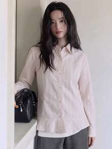 Autumn New Korean Style Square Shoulder Long Sleeve Striped College Style Single-Breasted Blouse - Pink - View 4