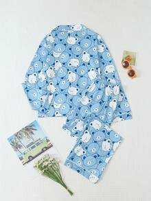 Big Girls Cute Bear All-Over Print Lapel Button Long Sleeve Top + Pants 2-Piece Pajama Set, Soft And Comfortable Loungewear, Suitable For 8-12 Years Old - Blue - View 3