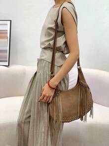 Women Hobo Crossbody Shoulder Bag,Curved Crescent Shape Suede Leather Fringe Tassel Silver Rivet,Adjustable Strap Bohemian Style Daily Travel - Multicolor - View 12