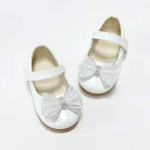 Girls' Glossy Patent Leather Mary Jane Shoes With Rhinestone Mesh Bow, Soft Sole Princess Dress Shoes For Wedding And Party - White - View 1