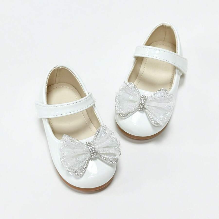 Girls' Glossy Patent Leather Mary Jane Shoes With Rhinestone Mesh Bow, Soft Sole Princess Dress Shoes For Wedding And Party - White - View 1