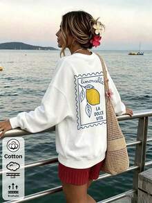 2026 Autumn Women's Custom Loose White Pullover Sweatshirt, Lemon And Letter Print, Vacation Casual Style - White - View 11