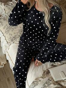 2pcs Women Winter Mini Polka Dot Print Flannel Fleece Warm Long Sleeve Pants Pajama Set - Black - View 5