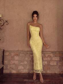 ADYCE Elegant Party Beaded Floral Mesh Dress Wedding, For Her Fall - Light Yellow - View 7