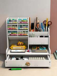 1pc Desktop DIY Pen Holder Storage Box, Multi-Functional Office Supplies Stationery Box, Large Capacity Student Wood-Plastic Pen Rack Organizer - White - View 2