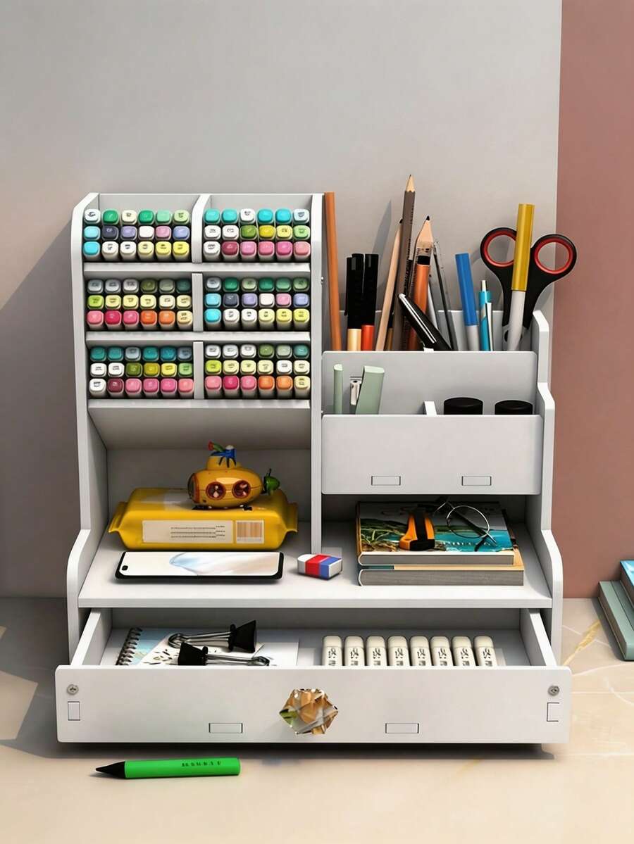 1pc Desktop DIY Pen Holder Storage Box, Multi-Functional Office Supplies Stationery Box, Large Capacity Student Wood-Plastic Pen Rack Organizer