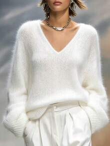 Premium Soft Knit V-Neck Sweater - White - View 1