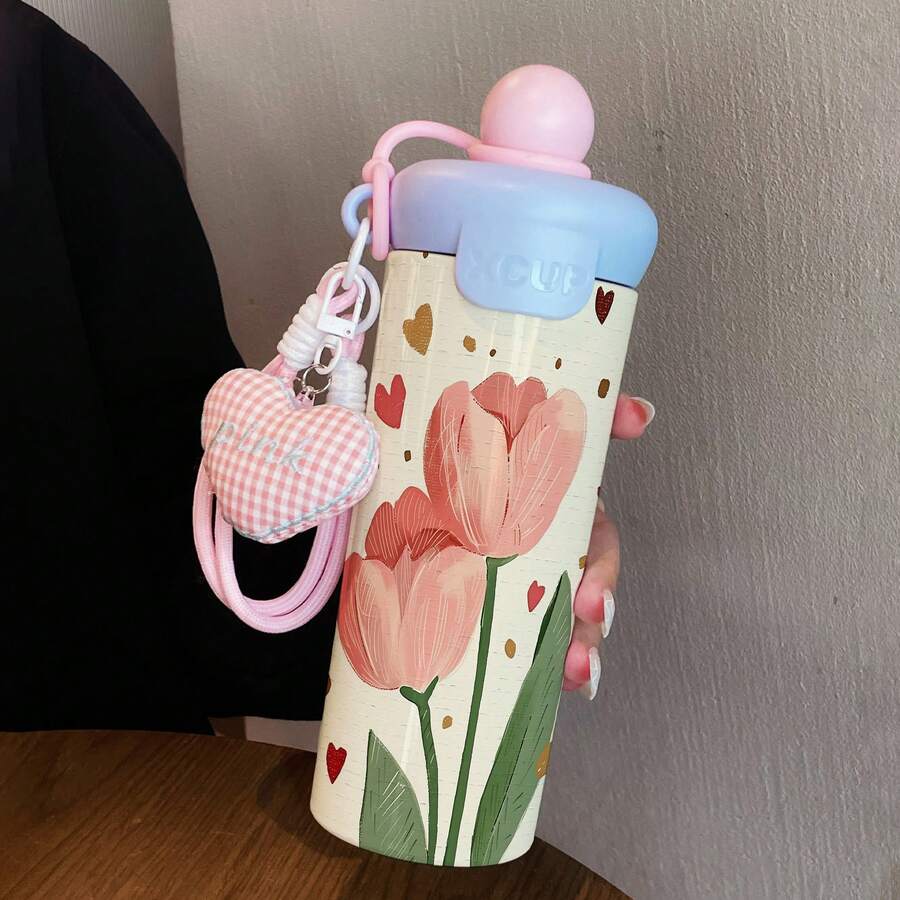 1PC 600ML Stylish Floral, Simple Floral, Heart Bow Pattern Stainless Steel Cup, Double-Use Coffee Cup, Portable Straw Cup, Lanyard , Suitable For Office, Home, Gift Recommendation, Coffee/Milk/Tea - Multicolor - View 1