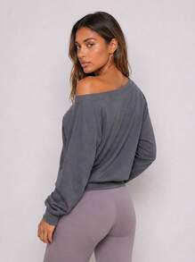 Never me Women's One-Shoulder Cold Shoulder Sports Sweatshirt, Loose Fit Long Sleeve Pullover, Casual Daily Workout Top For Autumn/Winter - Dark Grey - View 2