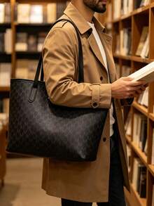 Men Monogram Tote Bag, Large Capacity Business Shoulder Bag, Classic Pattern Work Office Handbag For Daily Commute Travel - Black - View 5