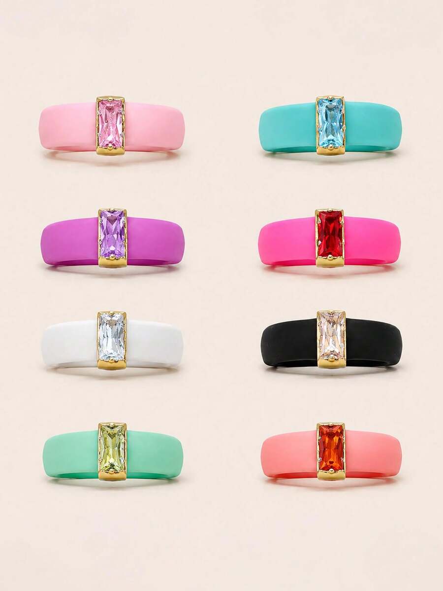 7-1pc/Set Fashionable Luxurious Personalized Minimalist High-End Elegant Unique Exquisite Square Colorful Zirconia Silicone Rings For Women Daily Wear Holiday Party Jewelry - Multicolor - View 1
