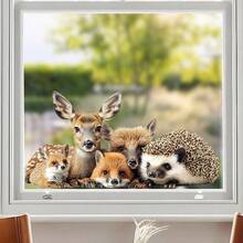 1pc Christmas Snowy Landscape Animal Window Sticker, Deer Fox Hedgehog Christmas Tree Snow Scene Glass Decor Sticker - Multicolor - View 10