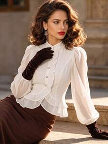 Vuslat Women's French Court Style Stand Collar Short Blouse With Pearl Buttons Long Sleeve Shirt, Suitable For Commute, Evening Party, Gathering, Christmas - White - View 4