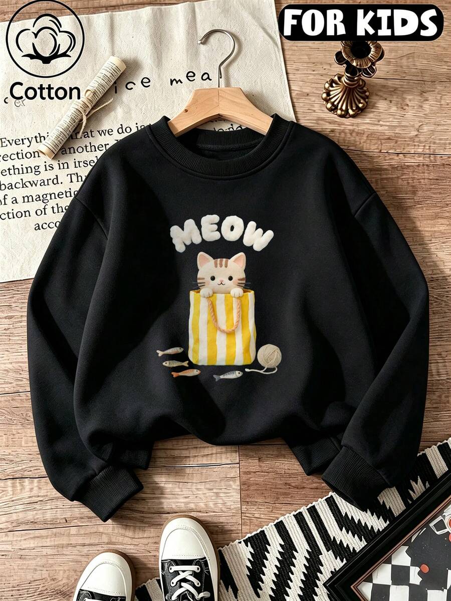 Kids Crewneck Sweatshirt, Cute Meow Cat In Shopping Bag Cartoon Graphic Pullover, Soft Cotton Long Sleeve Top - Black - View 1