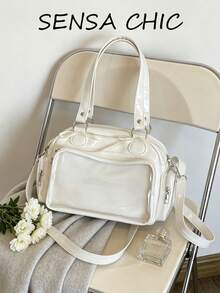 Handbag, Glossy Square Ita Bag With Transparent Display Compartment And Delicate Bowknot Accent, Multiple Zipper Pockets For Enhanced Storage, Comes With Handle And Long Shoulder Strap, Switch Between Hand-Carry And Crossbody, Fresh Girly Style, Suitable For Anime Conventions And Daily Outings - White - View 4