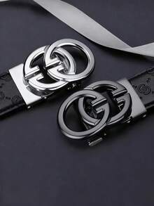 1pc Men's Letter Automatic Buckle Belt: Luxury Embossed PU Leather Belt With Adjustable Automatic Lock Buckle, 3 Buckle Color Options, Y2K Western Style Belt - Multicolor - View 4