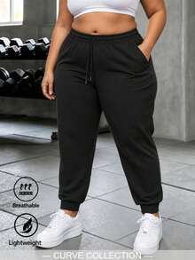 Celana Olahraga Wanita Bahan Sutra Es yang Bernapas, Celana Jogger Tali Serut Elastis Tinggi, Bernapas dan Nyaman, Cocok untuk Semua Musim, Ukuran Besar - Hitam - View 2