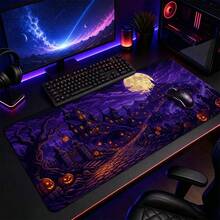 1pc Halloween Purple Haunted House Pumpkin And Full Moon Print XL Gaming Mouse Pad, Gothic Night Keyboard Desk Mat, Spooky Holiday Desk Decor - View 8