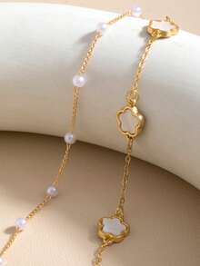 1pc Minimalist Versatile Double Layer Clover Faux Pearl Bracelet, Delicate Luxury For Women - White - View 3