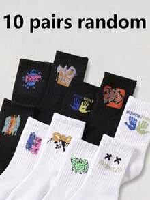 10 Pairs Random Graffiti Pattern Children's Socks, Black, Suitable For Daily Wear, Unisex - Multicolor - View 11