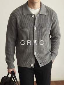 GRKC 秋冬韓系新款男士寬鬆長袖中性針織開襟衫，翻領單排扣設計 - 灰色 - 查看 4