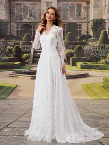 Elegant White Lace Wedding Dress With Train - White - View 10