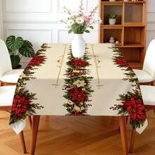 1pc Red Christmas Tablecloth, Christmas Flower Gold Bell Holly Red Berry Print Pattern, Polyester Material Single-Sided Print, Suitable For Tabletop, Washable And Reusable, Suitable For Indoor, Outdoor, Patio, Wedding, Banquet, Party, Outdoor Dining, Suitable For Craft Exhibition, Banquet Event Decoration - Multicolor - View 6