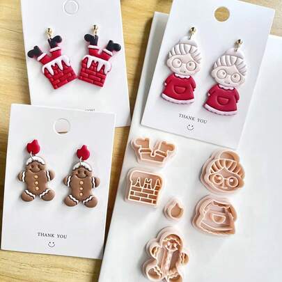 Kit de fabricación de joyas de la serie navideña, moldes de arcilla polimérica para pendientes, moldes hechos a mano con forma de Papá Noel y hombre de jengibre para pendientes y broches, para decoración navideña creativa DIY, pendientes, colgantes, cerámica y otras joyas