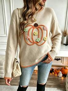 Sweater Rajut Leher Bulat Motif Bunga Kasual Blok Warna Ukuran Plus - Aprikot - View 9