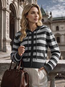 NiceArt Women's Autumn/Winter Striped Vintage Wool Blend Knitted Hooded Cardigan, Zipper Long Sleeve, Autumn Outfit, Office Commute, Social - Grey - View 3