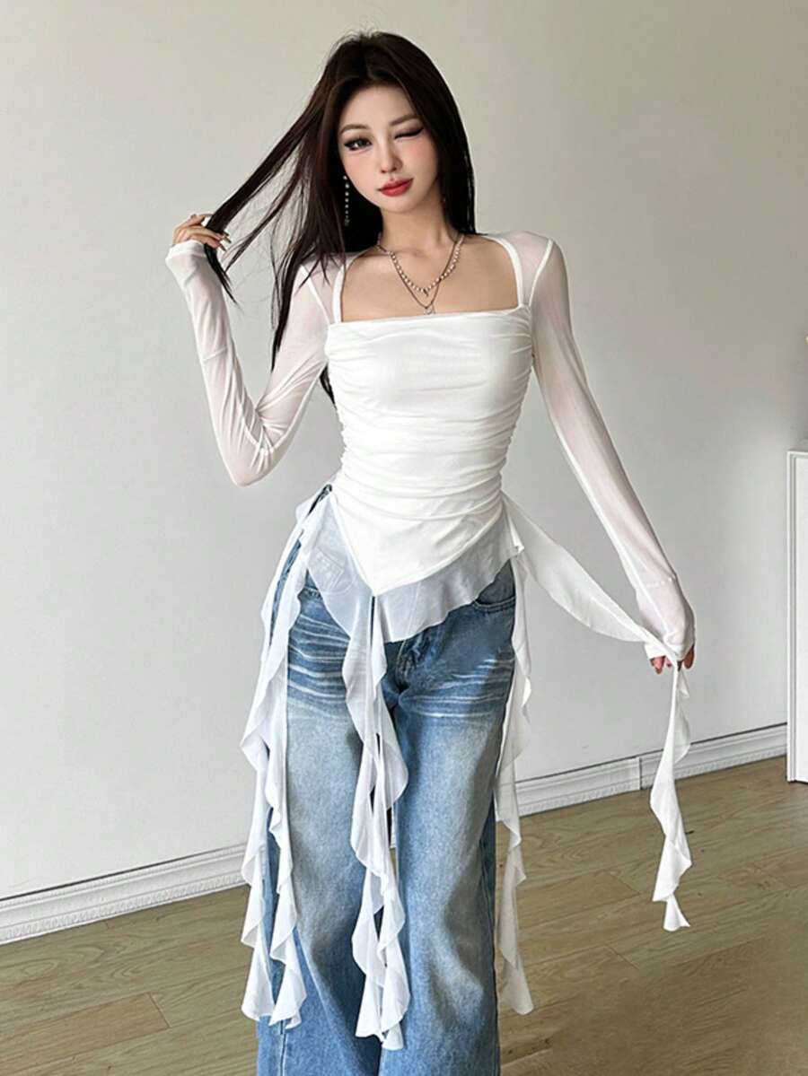 YeonC 网纱长袖方领修身流苏拼接纯色百搭上衣 - 白色 - 查看 1