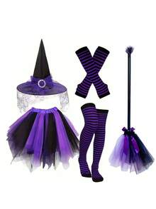 Disfraz de Bruja Púrpura & Negro para Mujer, Conjunto de Cosplay de Halloween, Incluye Falda de Tul, Sombrero de Bruja, Calcetines a Rayas & Mangas para Brazos, Atuendo de Carnaval, Mascarada, Cosplay, Halloween, Fiesta Temática, Accesorio de Fotografía - Multicolor - Ver 10