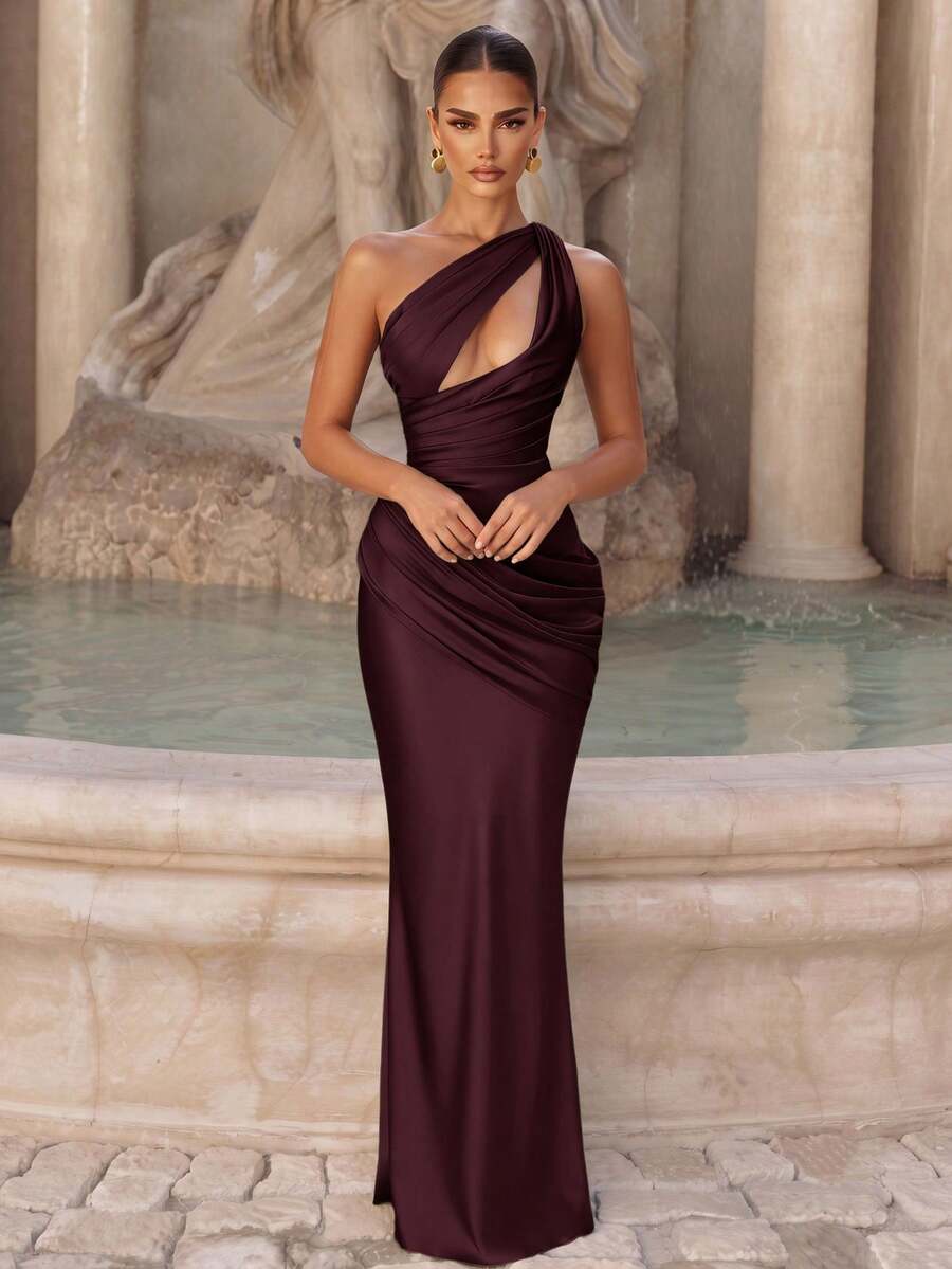 Women's Elegant One-Shoulder Long Cocktail Dress, Sleeveless Asymmetric Neckline, Ruched Knit Fitted Dress Suitable For Prom - Purple - View 1