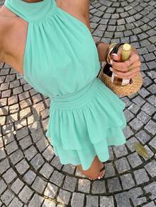 Elegant Fashion Green Halter Backless Layered Ruffle Mini Dress Wedding Gown - Mint Green - View 7